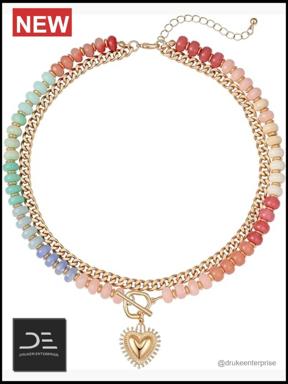 Double Layered Acrylic Beaded Choker Necklace with Gold Heart Charm Pendant